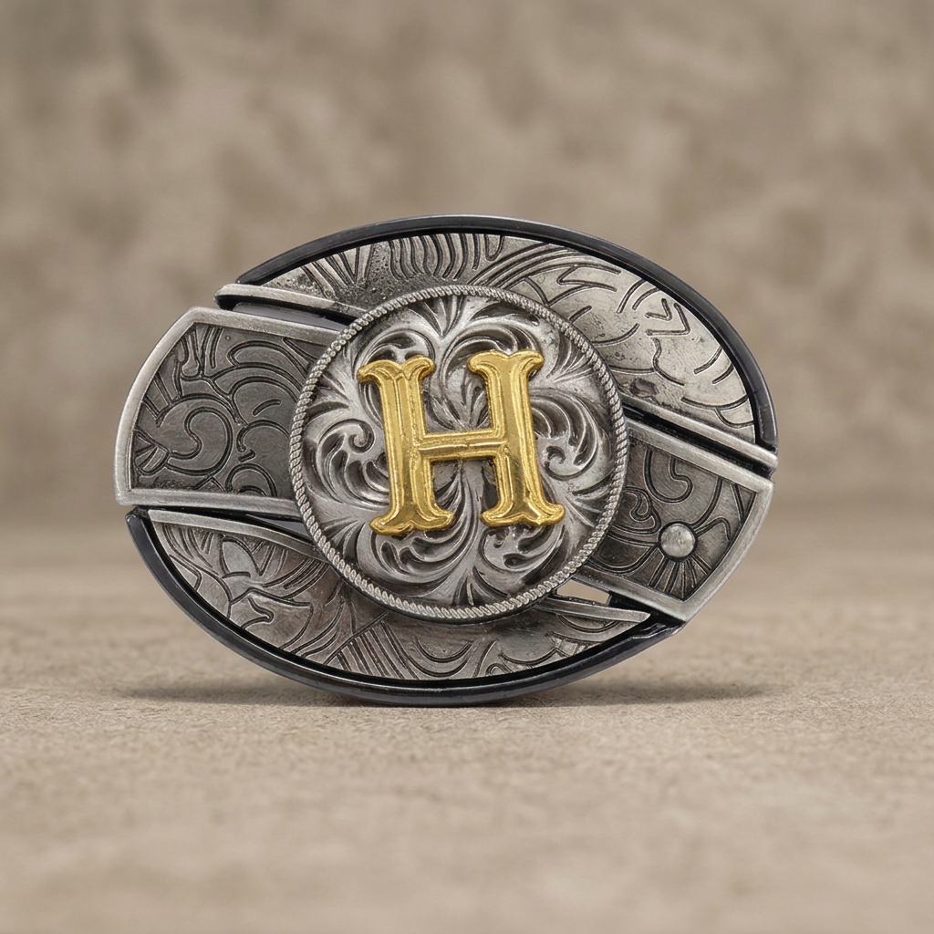 Western oval silver belt buckle with gold letter H on warm concrete background