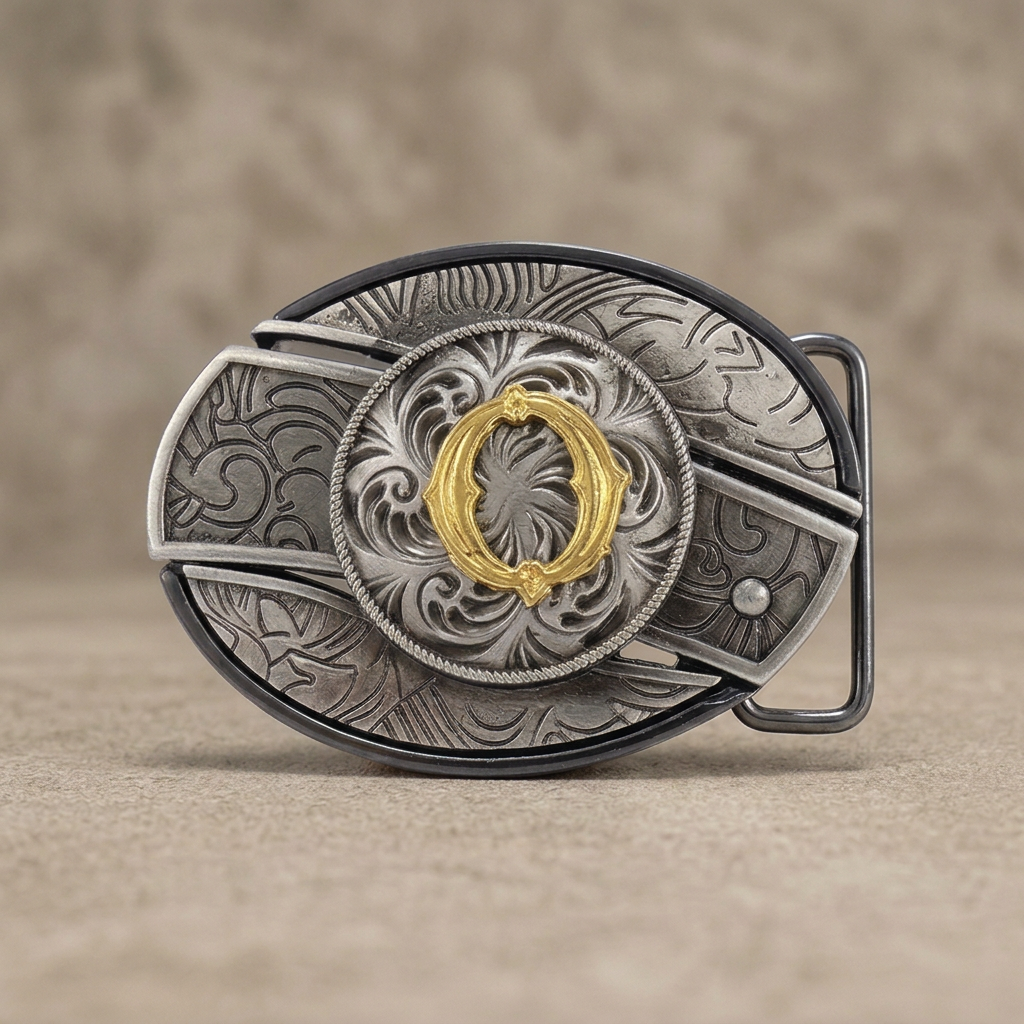 Western oval silver belt buckle with gold letter O on warm concrete background