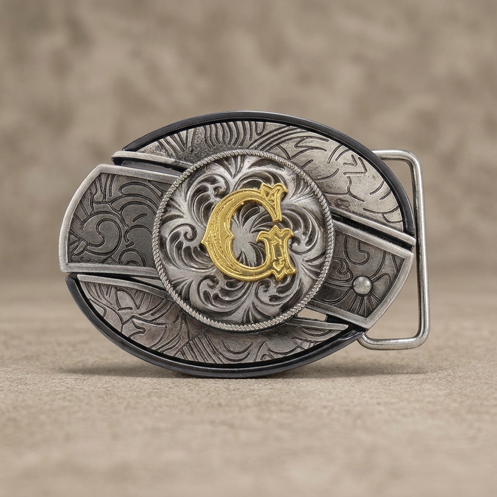 Western oval silver belt buckle with gold letter G on warm concrete background