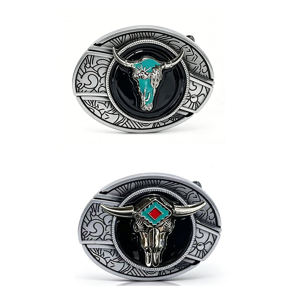 Western Longhorn engraved belt buckles with silver-tone metal frames, glossy black centers, turquoise bull skull artwork, and cowboy-inspired designs