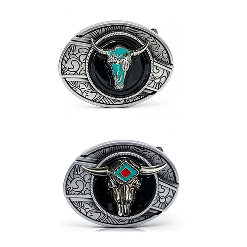 Western Longhorn engraved belt buckles with silver-tone metal frames, glossy black centers, turquoise bull skull artwork, and cowboy-inspired designs