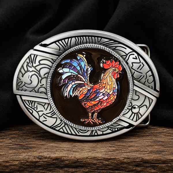 Rooster stained glass western belt buckle with antique silver engraved metal design
