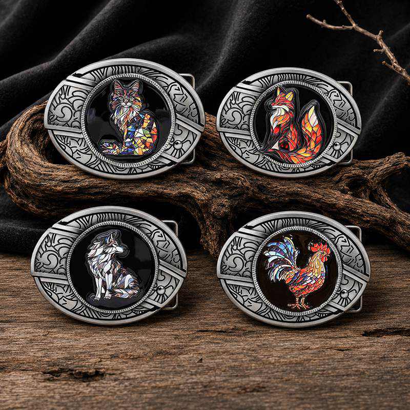 Stained glass animal western belt buckle series with cat fox wolf and rooster designs