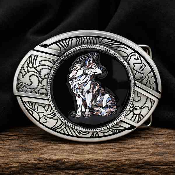 Wolf animal western belt buckle with colorful enamel artwork and engraved silver frame